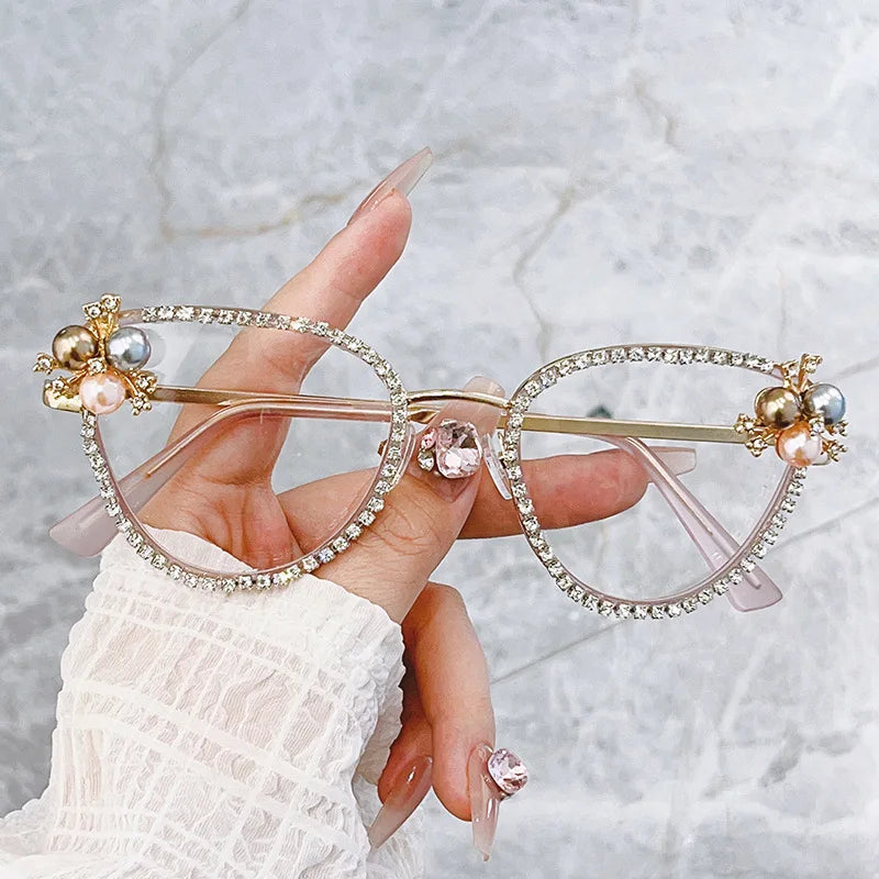 2024 new inlaid diamond glasses frame personalized cat-eye fashion handmade shiny rhinestone luxury