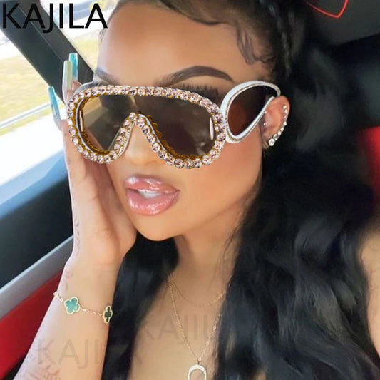 Oversized Punk Rhinestones Sunglasses 2024 Luxury Brand One-Piece Y2K Sports Sun Glasses for Steampunk Eyewear UV400