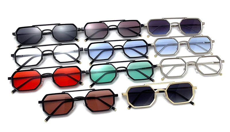 Retro Double Bridges Polygon Small Square Sunglasses Fashion Clear Ocean Gradient Lens Eye Metal Frame