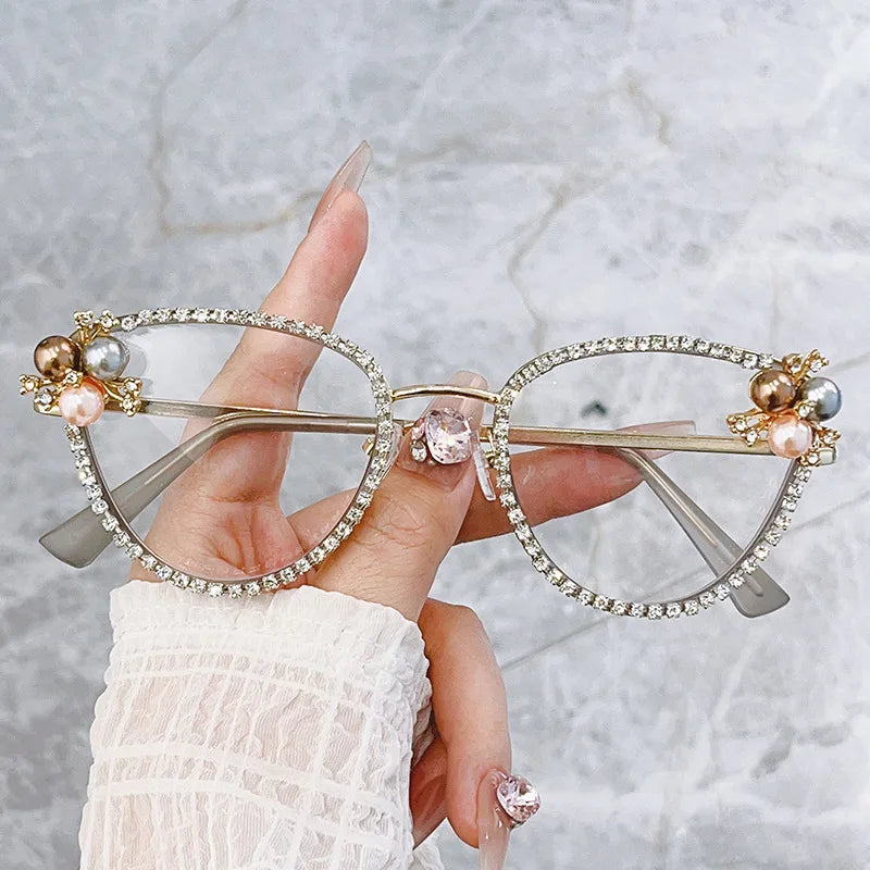 2024 new inlaid diamond glasses frame personalized cat-eye fashion handmade shiny rhinestone luxury