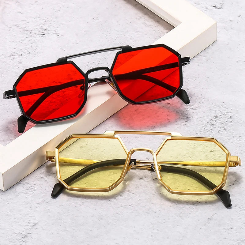 Retro Metal Punk Polygon Square Sunglasses Fashion Clear Mirror Shades UV400 Red Yellow Sun Glasses