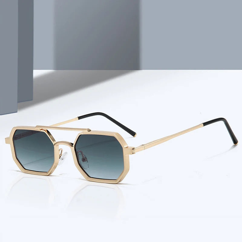 Retro Double Bridges Polygon Small Square Sunglasses Fashion Clear Ocean Gradient Lens Eye Metal Frame