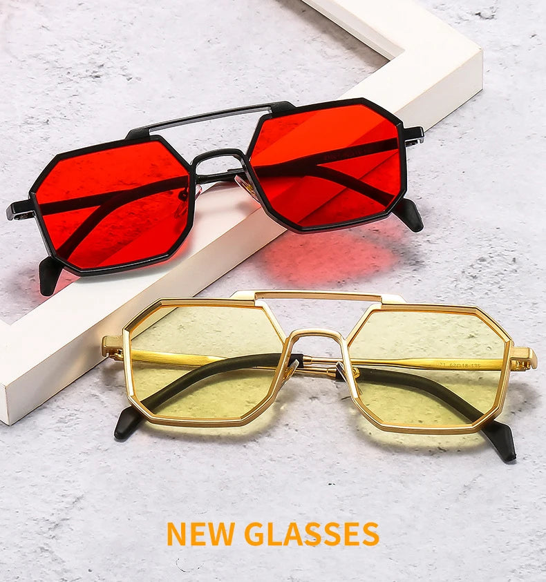 Retro Metal Punk Polygon Square Sunglasses Fashion Clear Mirror Shades UV400 Red Yellow Sun Glasses