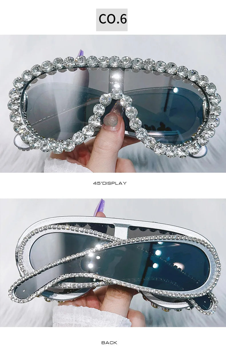 Oversized Punk Rhinestones Sunglasses 2024 Luxury Brand One-Piece Y2K Sports Sun Glasses for Steampunk Eyewear UV400