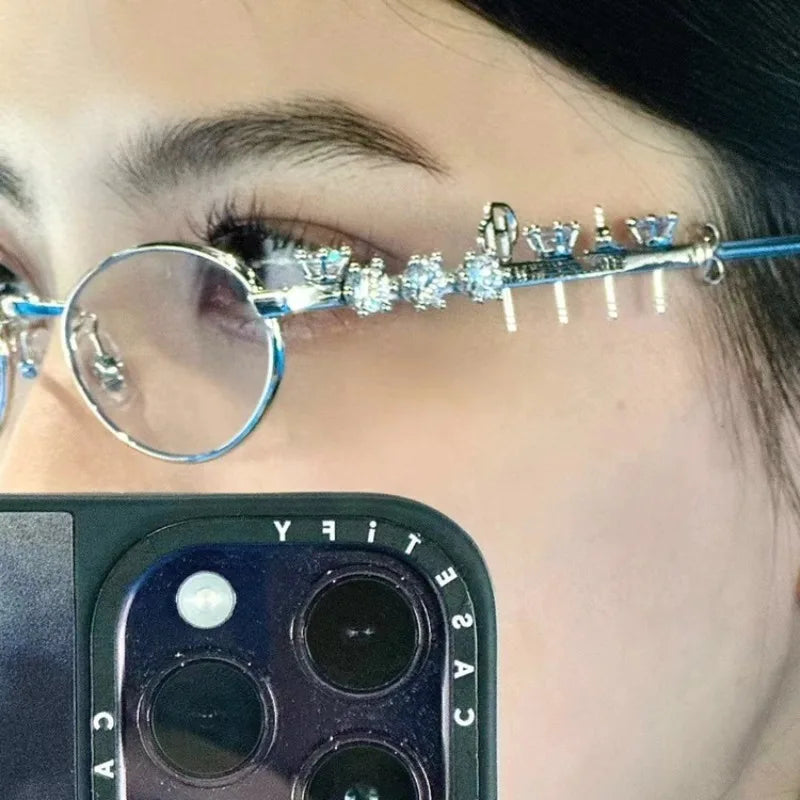 New Y2K Silver Blue Light Blocking Eyewear Rhinestone Oval Metal Frame Glasses Fashion Girls Reading Outdoor Seaside Spectacles