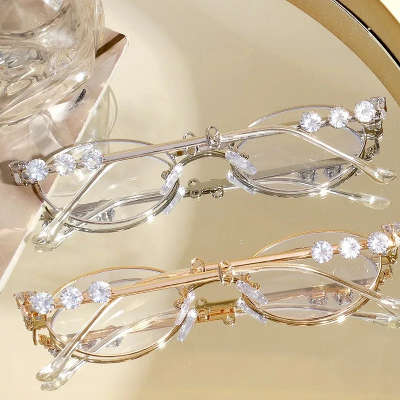 New Y2K Silver Blue Light Blocking Eyewear Rhinestone Oval Metal Frame Glasses Fashion Girls Reading Outdoor Seaside Spectacles