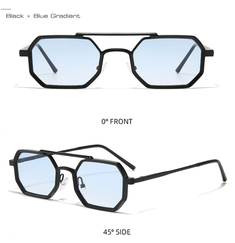 Retro Double Bridges Polygon Small Square Sunglasses Fashion Clear Ocean Gradient Lens Eye Metal Frame