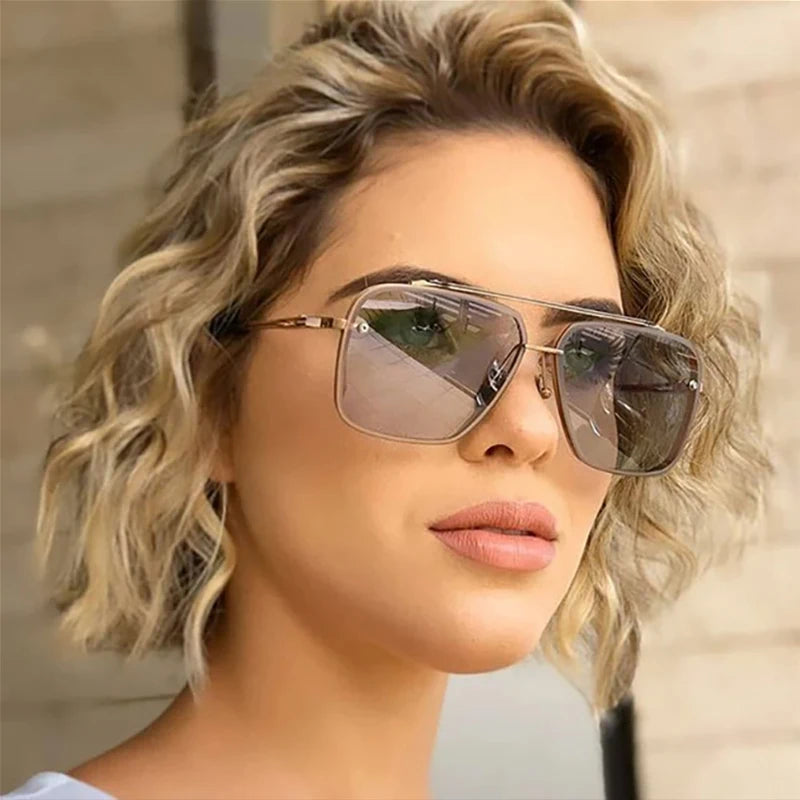 Gradient Color Sunglasses Large Metal Frame Sunglasses UV400 Protection