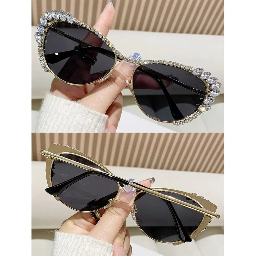 SASSY Trendy Jeweled Frame Diamond Sunglasses Oversized Y2K Cat Eye Rhinestone Sunglasses Costume Party Glasses for Women & Men