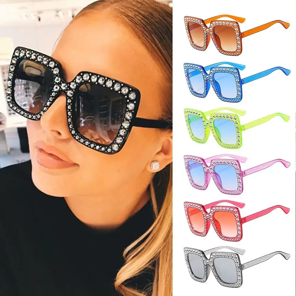 2024 New Crystal Oversized Sunglasses Rhinestone Square Diamond Sunglasses Retro Big Frame Sparkling Glasses