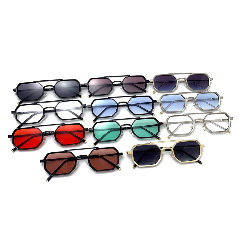 Retro Double Bridges Polygon Small Square Sunglasses Fashion Clear Ocean Gradient Lens Eye Metal Frame