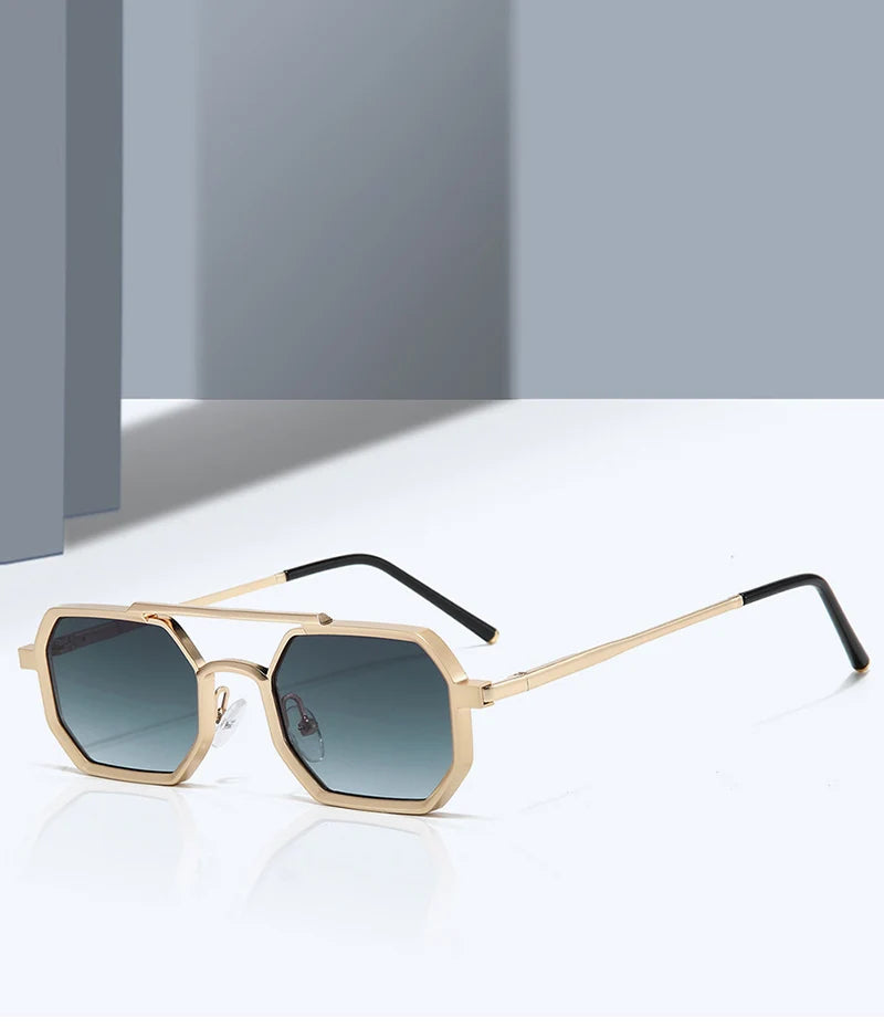 Retro Double Bridges Polygon Small Square Sunglasses Fashion Clear Ocean Gradient Lens Eye Metal Frame