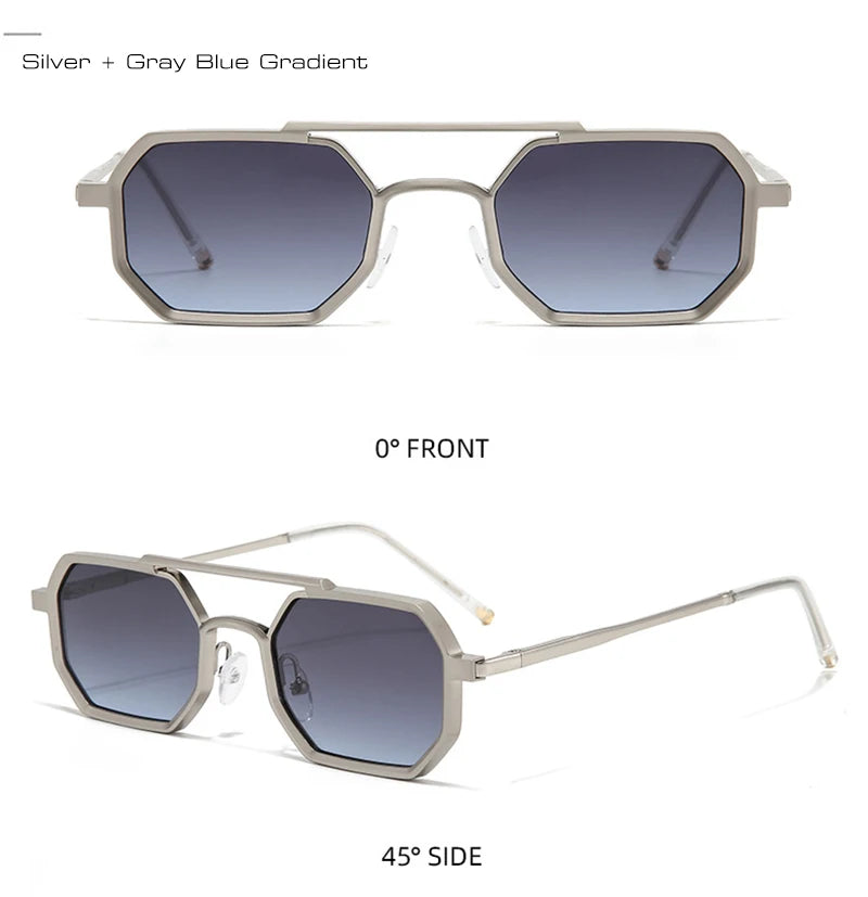 Retro Double Bridges Polygon Small Square Sunglasses Fashion Clear Ocean Gradient Lens Eye Metal Frame