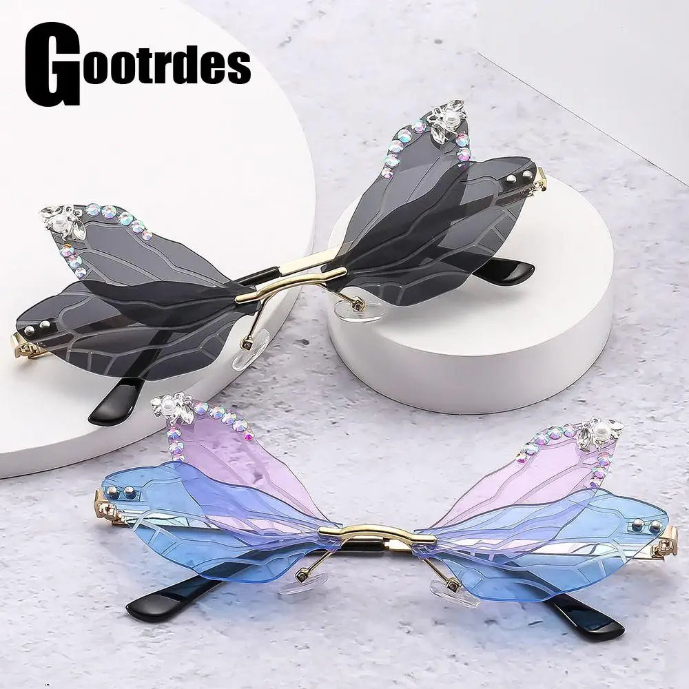 New Design Dragonfly Wing Sunglasses Fashion Street Snap Shades Trendy Bling Rhinestone Sun Glasses Funny Party Eyewear