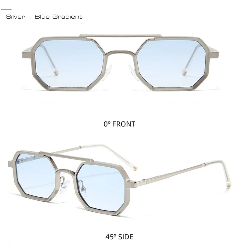 Retro Double Bridges Polygon Small Square Sunglasses Fashion Clear Ocean Gradient Lens Eye Metal Frame