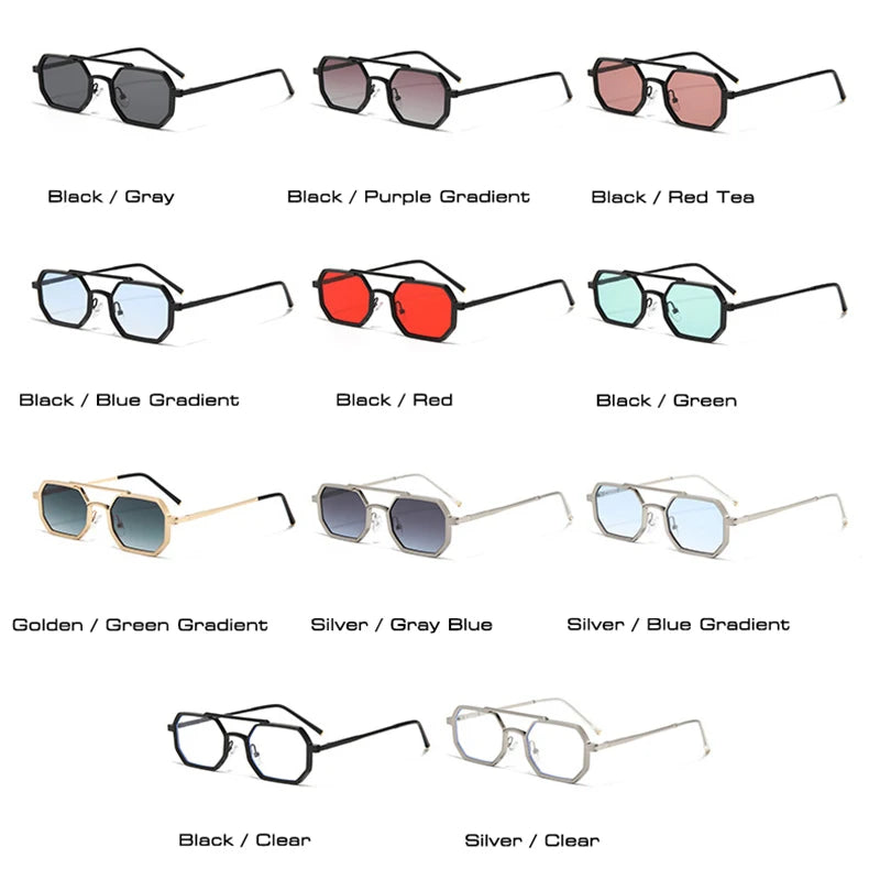 Retro Double Bridges Polygon Small Square Sunglasses Fashion Clear Ocean Gradient Lens Eye Metal Frame