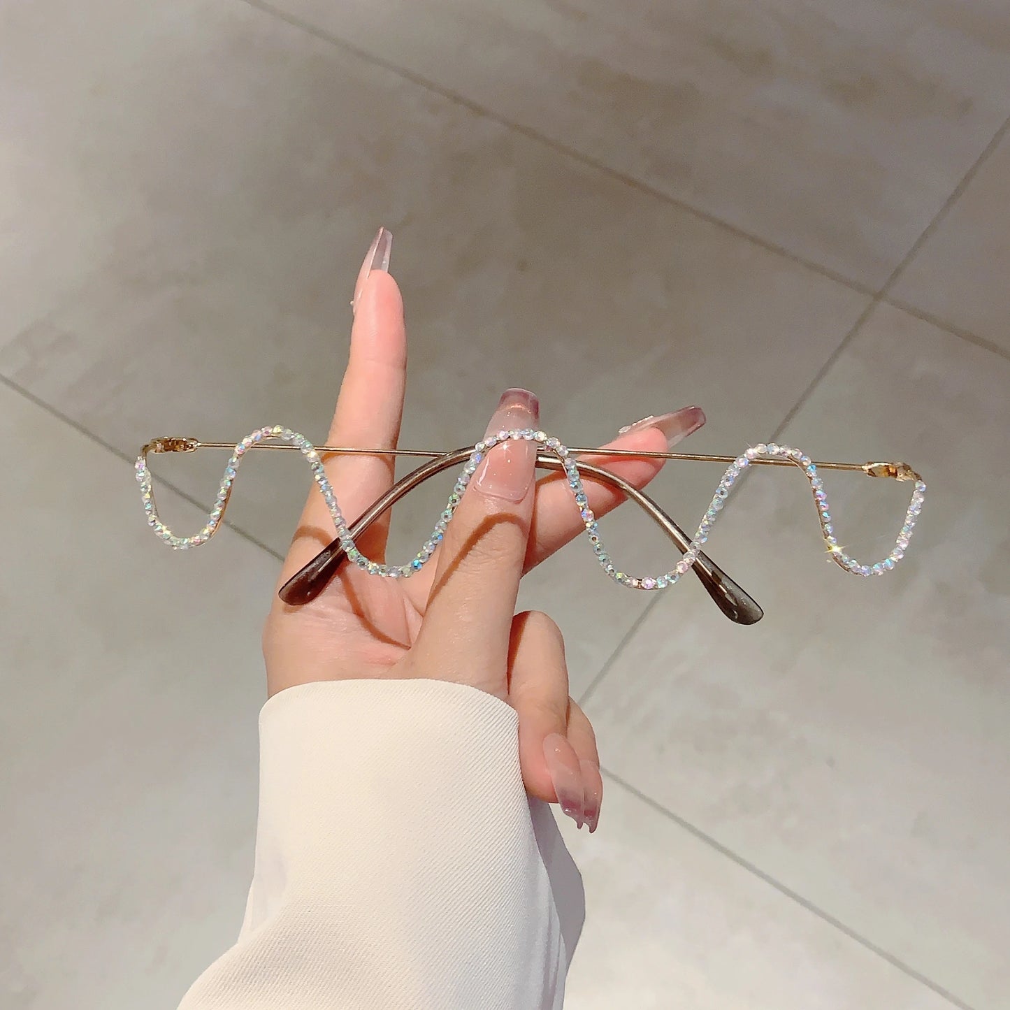 Wave Shape Glasses Frames Stylish Semi Rim Metal Eyeglasses without Lenses Ins Trendy Rhinestones Decorated Eyewear